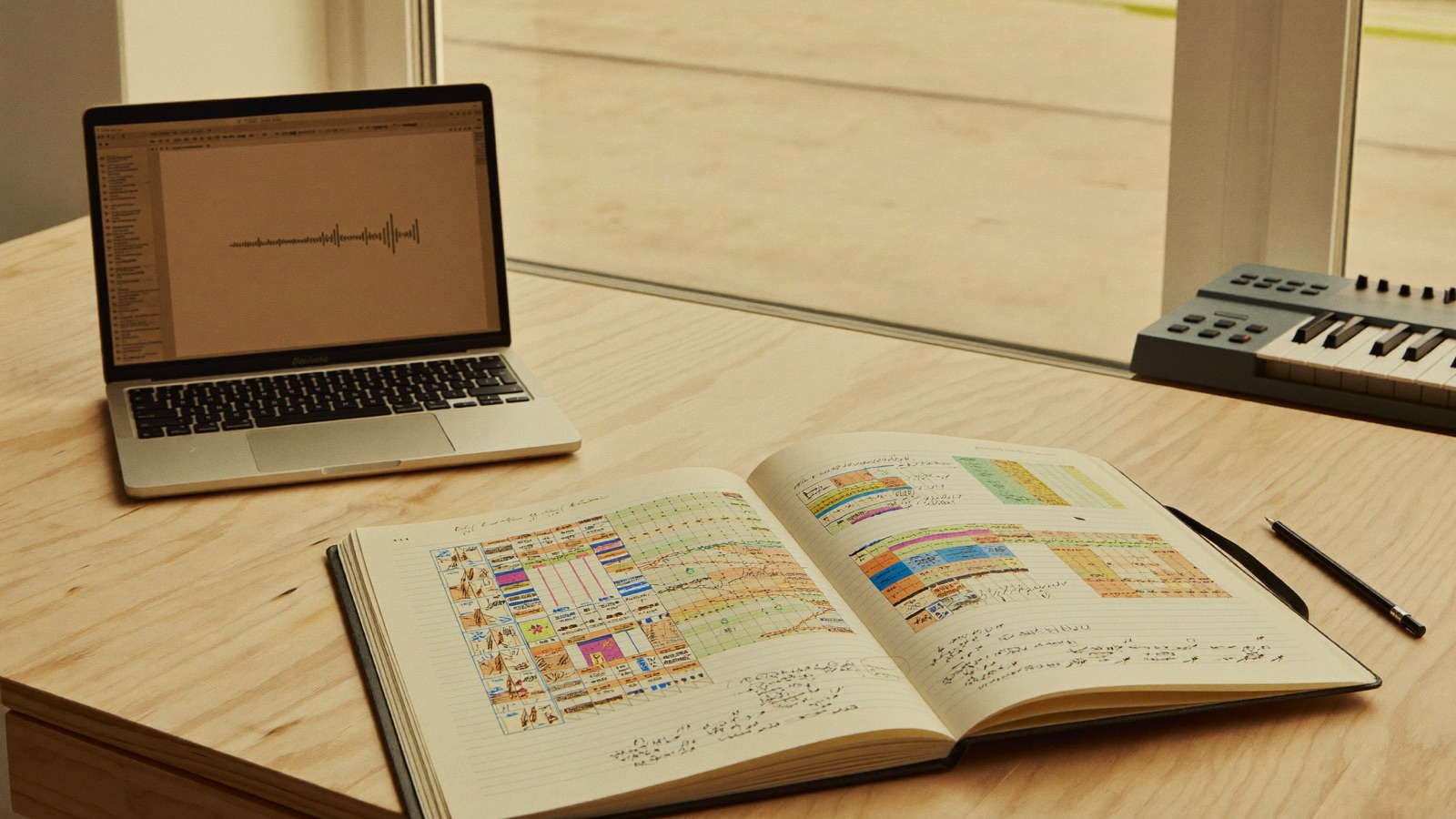 A songwriter’s manuscript notebook open on a desk beside a keyboard, a song plan written out by hand
