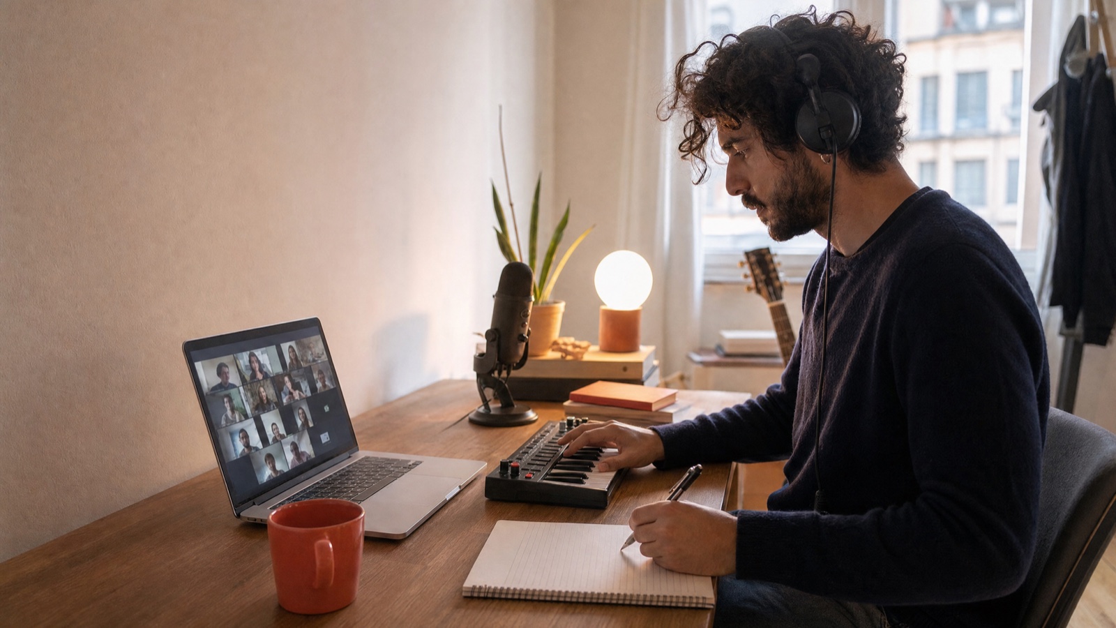 Artist in headphones joining a live online studio session, writing in a notebook
